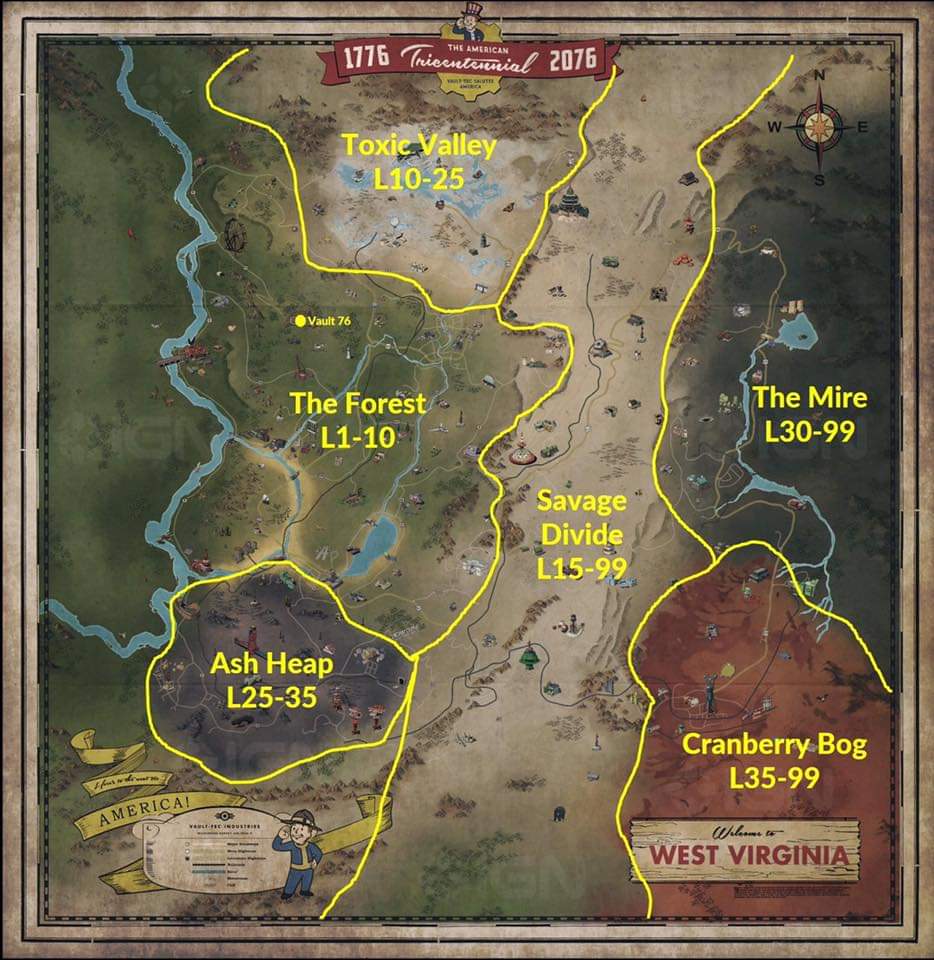 Carte : Zones et leur niveau (Fallout 76) — Les Archives de Vault-Tec