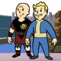 Caesar et Vault Boy sur le succès/trophée de la quête Rendre à Caesar